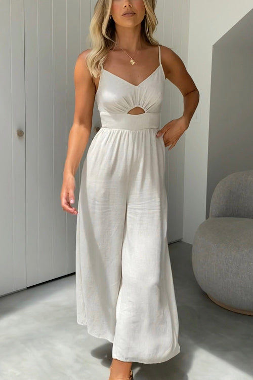 Mixiedress Solid V Neck Cut Out Wide Leg Baggy Cami Jumpsuit