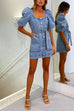 Puff Sleeves Pocketed Button Down Belted Denim Mini Dress