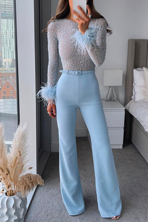 Mixiedress Feather Hem Sequin Splice Flare Bottoms Skinny Jumpsuit