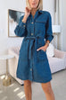 Button Up Tie Waist Pocketed A-line Denim Shirt Dress