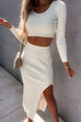 Mixiedress Scoop Neck Crop Top Elastic Waist Slit Midi Skirt Ribbed Knit Set