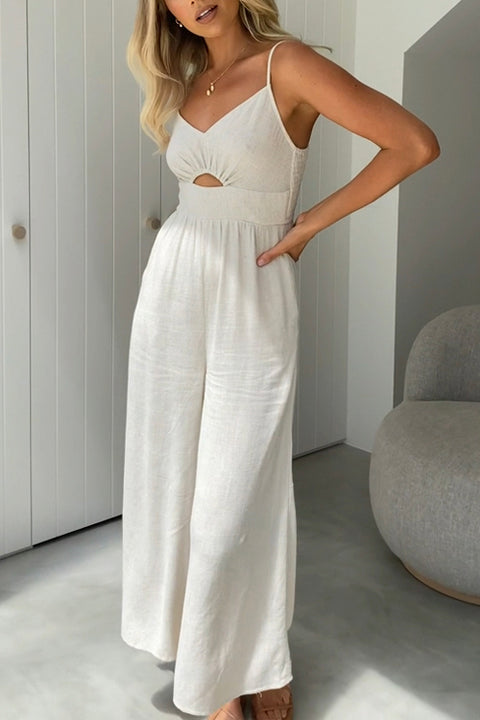 Mixiedress Solid V Neck Cut Out Wide Leg Baggy Cami Jumpsuit
