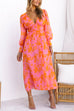 V Neck Smocked High Waist Printed Maxi Flowy Dress