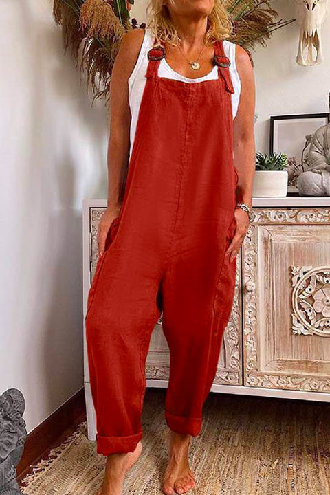 Mixiedress Solid Baggy Pockets Tapered Overalls