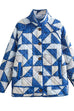 Mixiedress Button Up Color Block Print Padded Quilted Coat