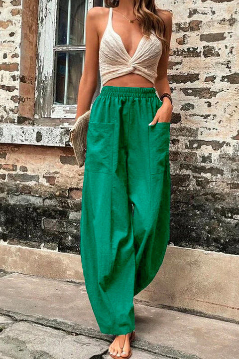 Mixiedress Elastic Waist Pockets Tapered Wide Leg Pants