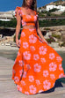 Mixiedress Square Collar Ruffle Crop Top Maxi Swing Skirt Printed Set