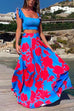 Mixiedress Square Collar Ruffle Crop Top Maxi Swing Skirt Printed Set