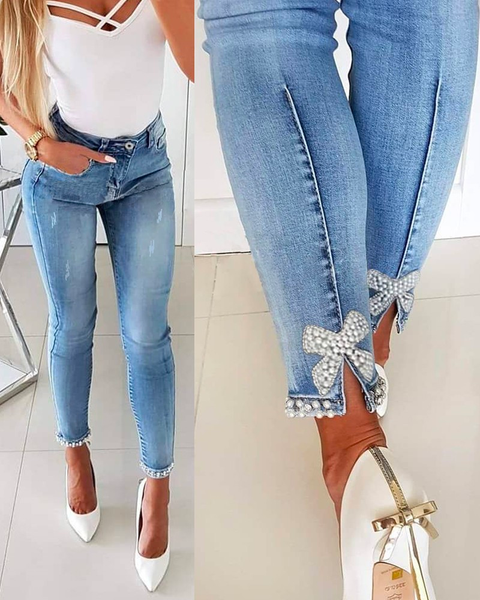 Mixiedress Bow Knot Pearl Beaded Pencil Denim Pants