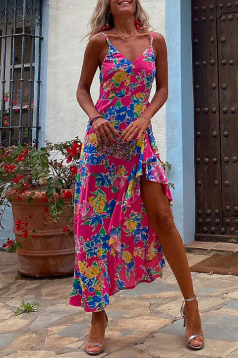 Mixiedress V Neck Irregular Hem Printed Cami Holiday Dress