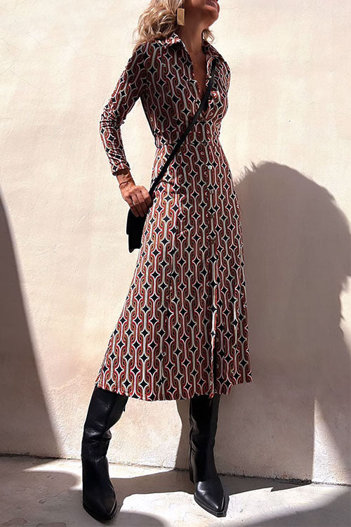 Long Sleeves Waisted Button Up Printed Midi Shirt Dress
