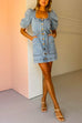 Puff Sleeves Pocketed Button Down Belted Denim Mini Dress
