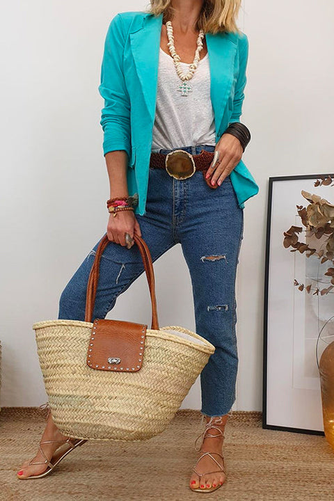 Open Front Single Button Solid Blazer Jacket