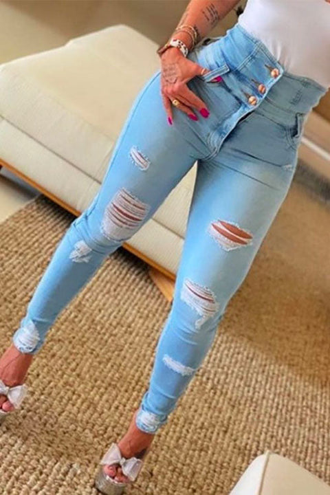 Mixiedress Button Up High Waist Ripped Skinny Jeans