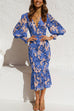 Mixiedress V Neck Lantern Sleeve Printed Ruffle Dress