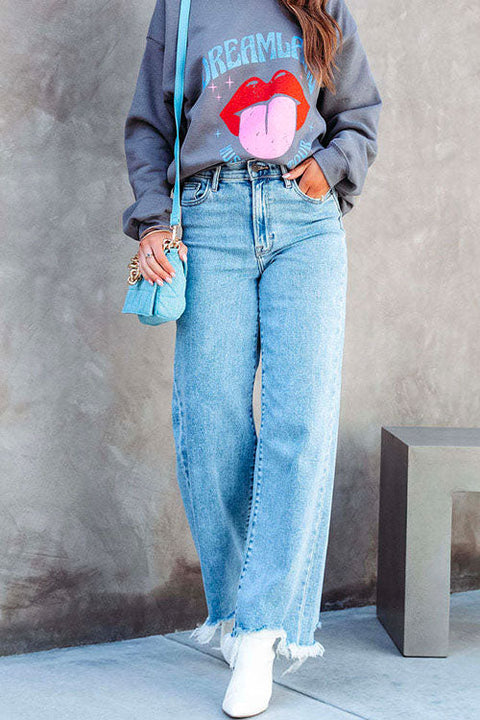 Mixiedress Raw Hem Wide Leg Casual Denim Pants