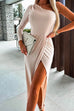 Mixiedress One Shoulder Long Sleeve Ruched High Slit Midi Dress