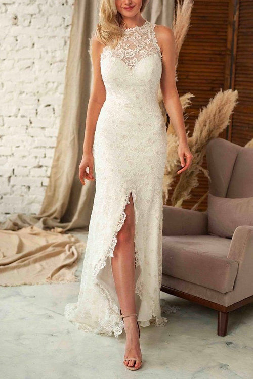 Mixiedress Sleeveless Halter Slit Maxi Lace Party Dress