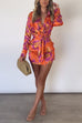 Lapel Long Sleeves Tie Knot Front Printed Mini Dress