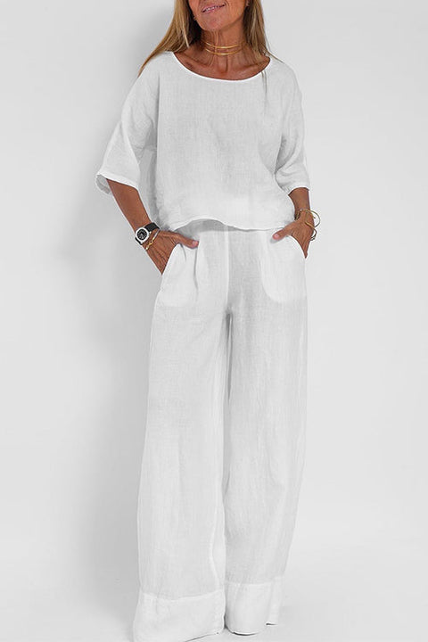 Mixiedress Round Neck 3/4 Sleeves Pullovers Wide Leg Pants Cotton Linen Set
