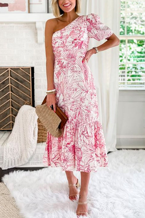 One Shoulder Printed Ruffle Midi Party Dress
