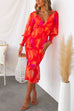 Mixiedress V Neck Long Sleeves Smocked Ruffle Printed Midi Bodycon Dress