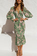 Mixiedress V Neck Lantern Sleeve Printed Ruffle Dress